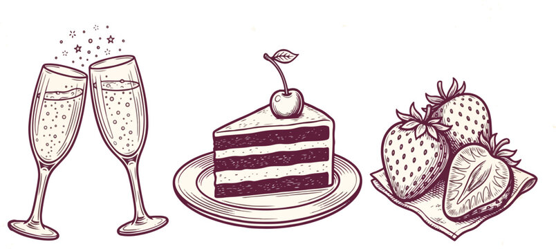 Dessert and champagne doodle icon set hand drawn vector illustration