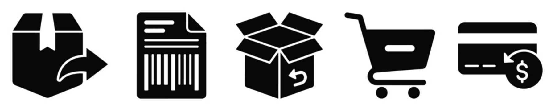 Online retail icons for order shipping, billing, returns, and payment processes