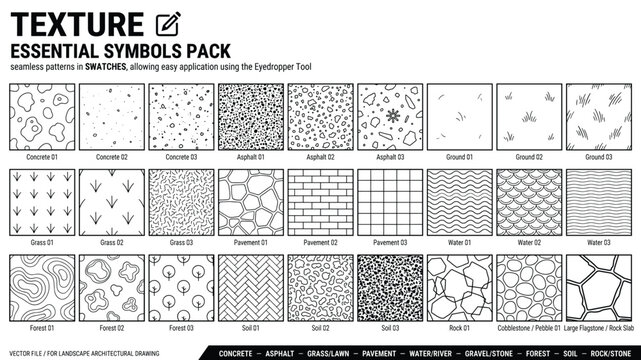 Landscape architecture texture symbol pattern set vector seamless black white hatch material design collection bundle
