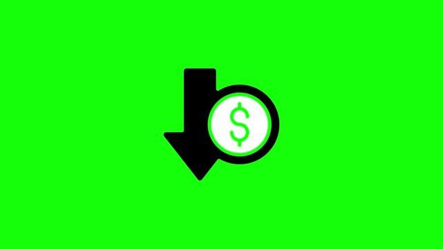 Animated dollar coin with downward arrow icon isolated on a green screen background.