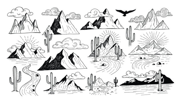 Hand drawn desert landscape graphics featuring mountains and cactus for outdoor designs