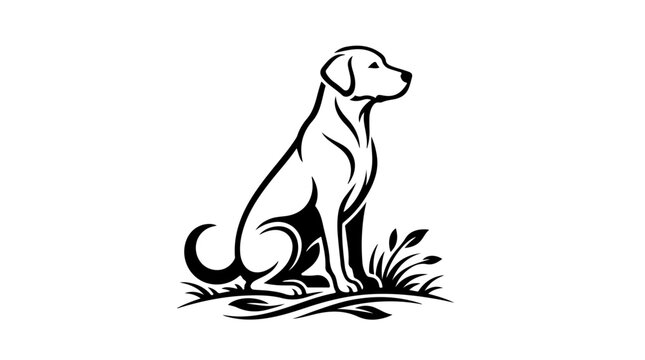 Vector line art of sitting dog in profile, minimalist black‑and‑white illustration symbolizing loyalty, calmness, and companionship