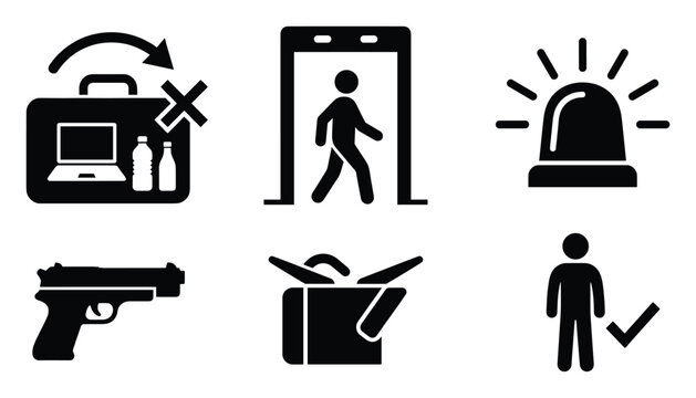 Security checkpoint icons representing inspection process prohibited items and approved passage for travel applications