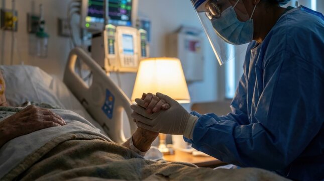 A doctor in protective gear holding the hand of a severely ill patient in the ICU, conveying empathy.