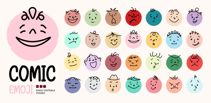 Funny comic faces set with round colorful characters and various emotions in crayon hand drawn style, cute cartoon doodle Illustration