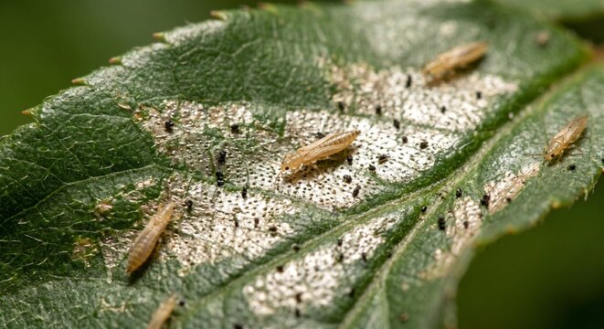 Thrips colony feeding on leaf showing silvery stippling damage and black frass