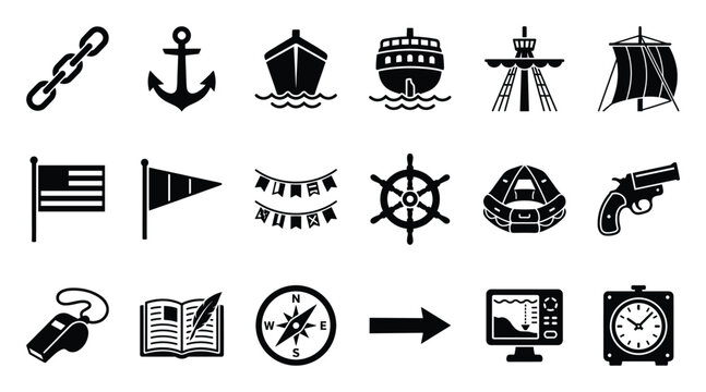 Nautical icons marine symbols and boat equipment for maritime themed designs and sailing projects