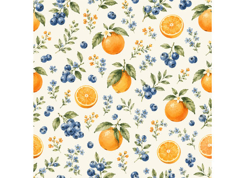 Seamless Citrus Pattern With Oranges And Blueberries