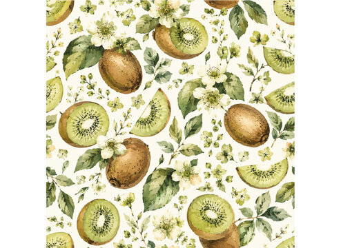Seamless Tropical Pattern With Kiwi Fruits And White Blossoms