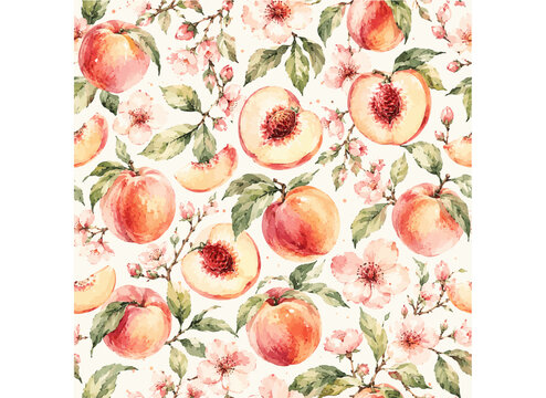 Seamless Summer Fruit Pattern With Fresh Peaches And Blossoms