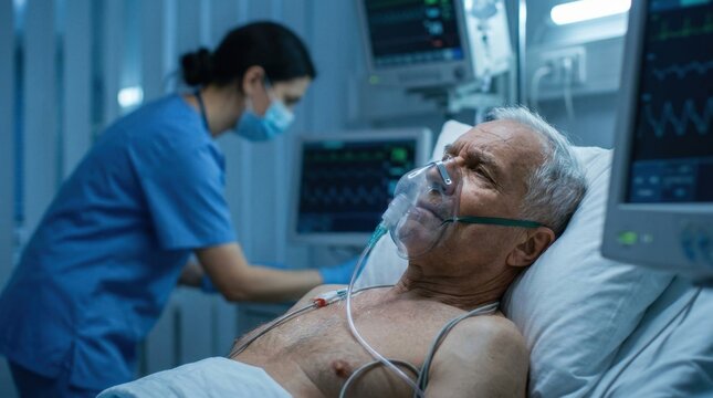 A patient in an ICU bed wearing an oxygen mask, representing severe respiratory distress from Hantavirus.