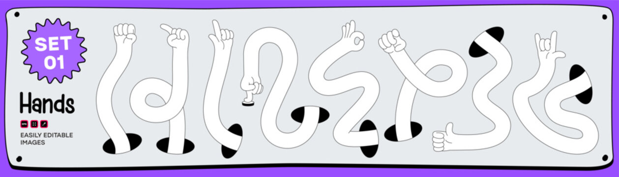 Cartoon stretching hands set with Flexible Long Arms and different gestures emerging from holes for creative design and Illustration - Set 01