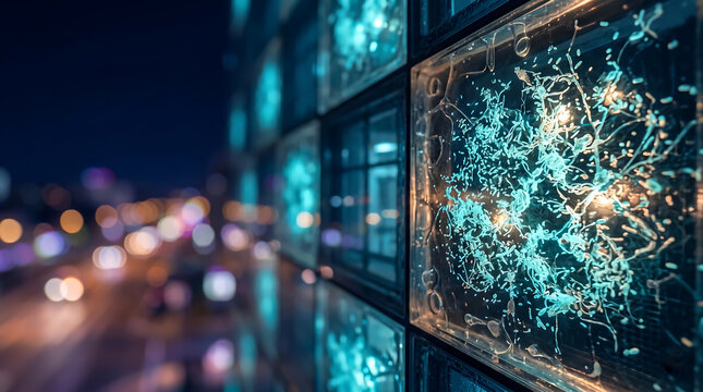 Glowing bioluminescent bacteria inside an architectural lighting panel on a city street at night