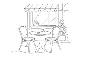 Fototapeta premium Minimal line art of a cozy outdoor café table with two chairs, coffee cup and pastry, beside a storefront window with awning and potted plants