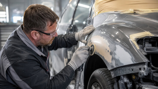 Auto Body Technician Sanding Damaged Car Panel