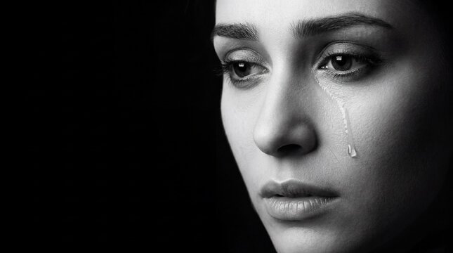 Black and white portrait of woman in tears concept. A contemplative portrait of a woman expressing deep emotion.