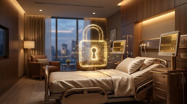 Secure hospital room with digital padlock overlay, symbolizing patient data privacy and healthcare data protection services.