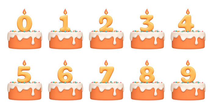 3D Cake Numbers Set 0 to 9. Collection of birthday number symbols for anniversary celebrations, party decorations and holiday design.