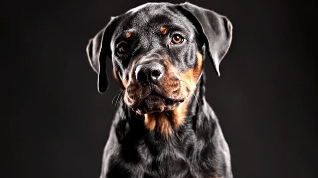 Close up portrait of a rottweiler dog against a dark background