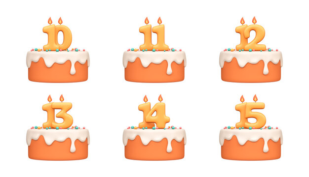 3D Birthday Cakes with Numbers 10 to 15. Set of celebration cake icons for anniversary parties, greeting cards and festive design.