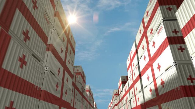 Georgia export import and production cargo containers in row seamless and loopable business concept. Georgian flag industrial shipping box 3d loop.