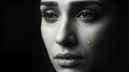 Fototapeta premium Black and white portrait of woman in tears concept. An emotional portrait capturing sadness and reflection in a person.