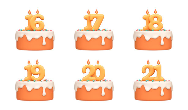 3D Birthday Cakes with Numbers 16 to 21. Set of celebration cake icons for milestone birthdays, anniversary parties and festive design.