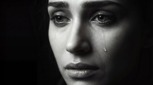 Black and white portrait of woman in tears concept. An emotional portrait capturing sadness and reflection in a person.