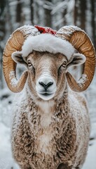 Fototapeta premium Majestic Ram with Curled Horns Wearing a Festive Santa Hat in a Snowy Winter Wonderland Scene