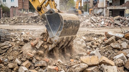Fototapeta premium Excavator bucket lifting bricks in demolition process concept. Excavator bucket lifting rubble at a construction site.