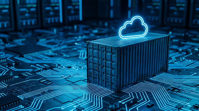 Shipping container with a glowing neon cloud icon on a digital circuit board in a server room representing cloud computing and containerization technology - 3d illustration
