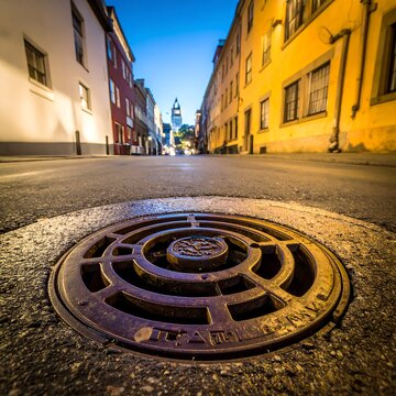 A manhole cover on a cobblestone street in a European town
