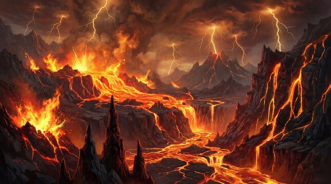 Hell engulfed in flames during armageddon scene concept. Erupting volcano with lava flows and dark stormy skies.