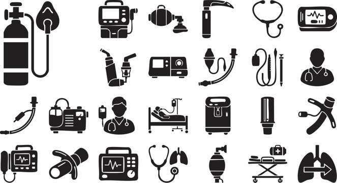 Respiratory care and hospital equipment black icons featuring oxygen tanks nebulizers ventilators and diagnostic tools for breathing support and pulmonary medicine treatment