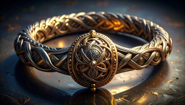 Celtic torque bracelet with intricate knotwork design on dark reflective surface