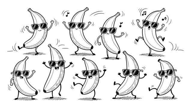 Dancing banana characters with sunglasses exuding fun energy, perfect for marketing materials and foodrelated promotions.