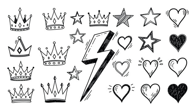 Handdrawn doodle crowns stars hearts and lightning bolt collection for playful graphic assets and decorations