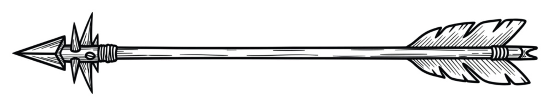Black and white sketch style arrow with barbed head and fletching for historical adventure design