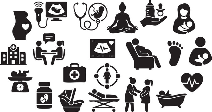 Set of pregnancy and maternity icons showing various stages from prenatal care to newborn baby, birthing process