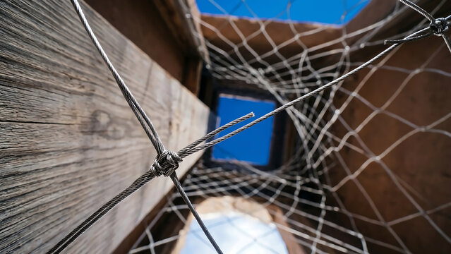 Balancing on the wire bird mesh inside a traditional passive cooling wind catcher tower looking down