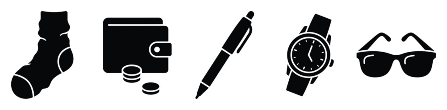 Collection of essential personal items like wallet, pen, watch, sunglasses, and sock icons