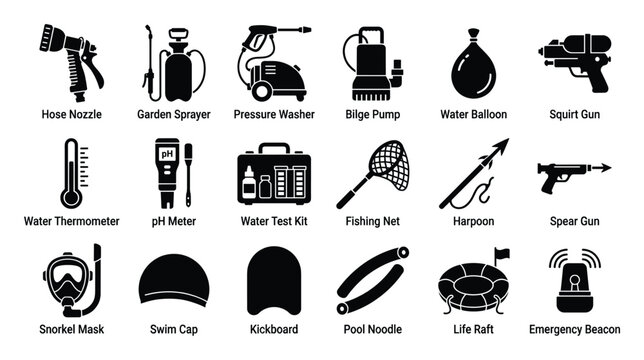 Diverse set of water related tools and equipment for outdoor and pool activity icons