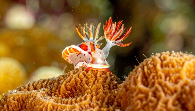 Christmas tree worm with spiral crown embedded in coral reef underwater