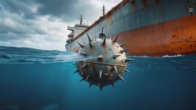 Underwater view of spiked naval mine floating in ocean near large cargo ship. Concept of maritime security and naval warfare. Panning camera movement.