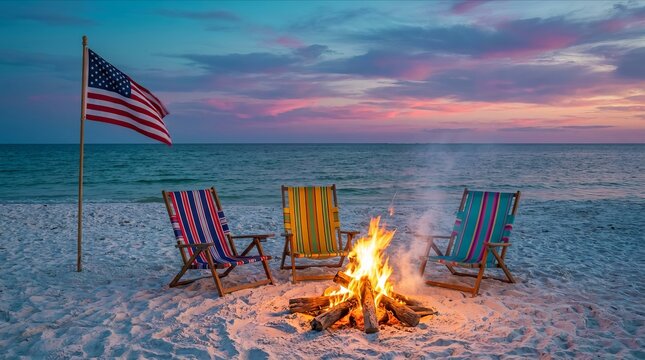 Beach bonfire sunset with American flag and colorful chairs.