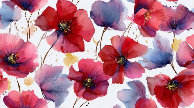 Pink and Purple Watercolor Poppy Flowers Seamless Tile Pattern for Textile Design