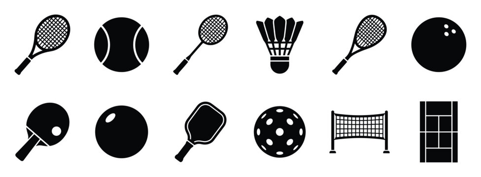 Collection of various sports equipment and court vector symbols for athleticthemed projects.