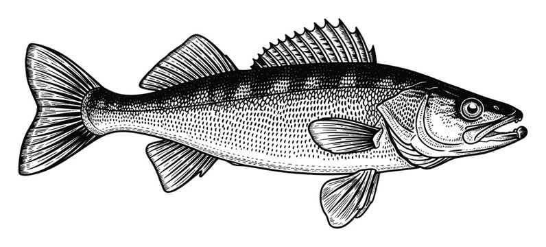 Detailed black and white engraving style walleye fish graphic ideal for fishing merchandise and aquatic nature designs