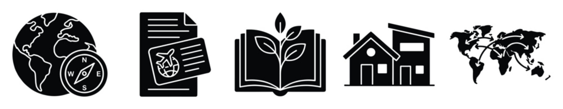 Global travel and education glyph icons representing worldwide exploration learning and housing concepts