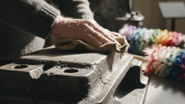 Artisan Hands Cleaning Large Metal Block in Textile Manufacturing Facility.